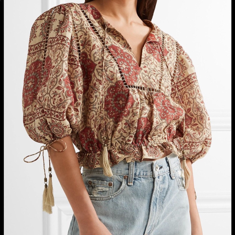 Tulsi cropped crochet-trimmed linen blouse Sz 0 XS